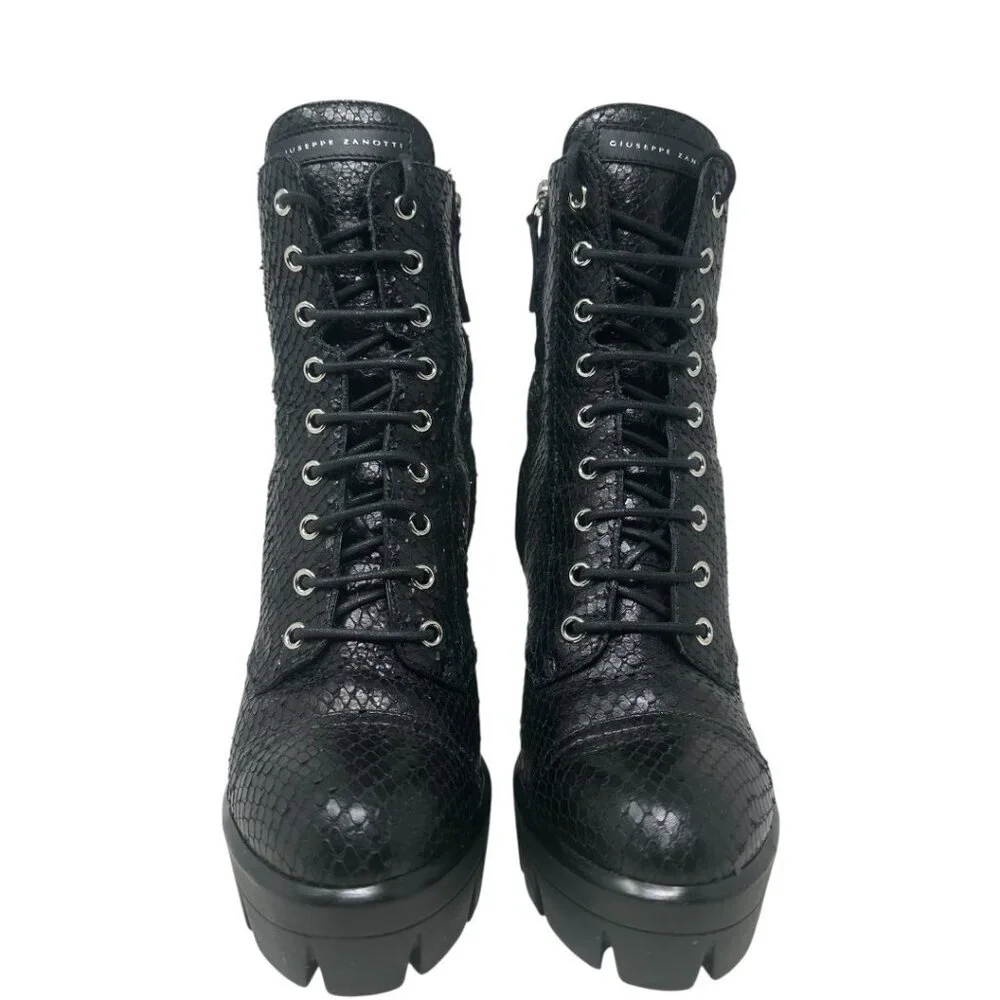 Giuseppe Zanotti Gintonic Black Snake Embossed Leather Combat Platform Boots 7.5 - Picture 2 of 12